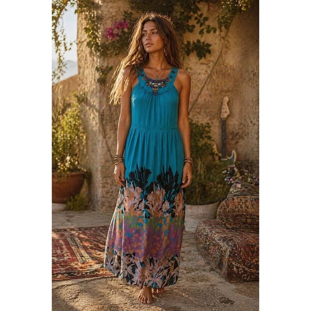 Moulinette Soeurs Anthropologie Island Nightfall 100% Silk Dress Beaded Size 8